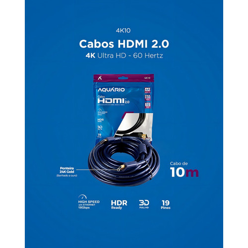 Cabo Hdmi 10m Full Hd 2.0 Aquario 4k Cor Preto - Imagem 3